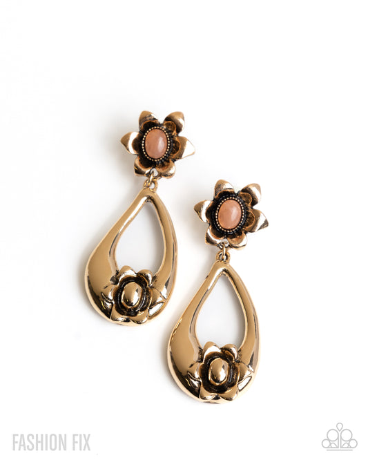 Profound Plenty - Orange Center Gold Flower Post Earring Glimpses Of Malibu May 2025 Fashion Fix Paparazzi E2999