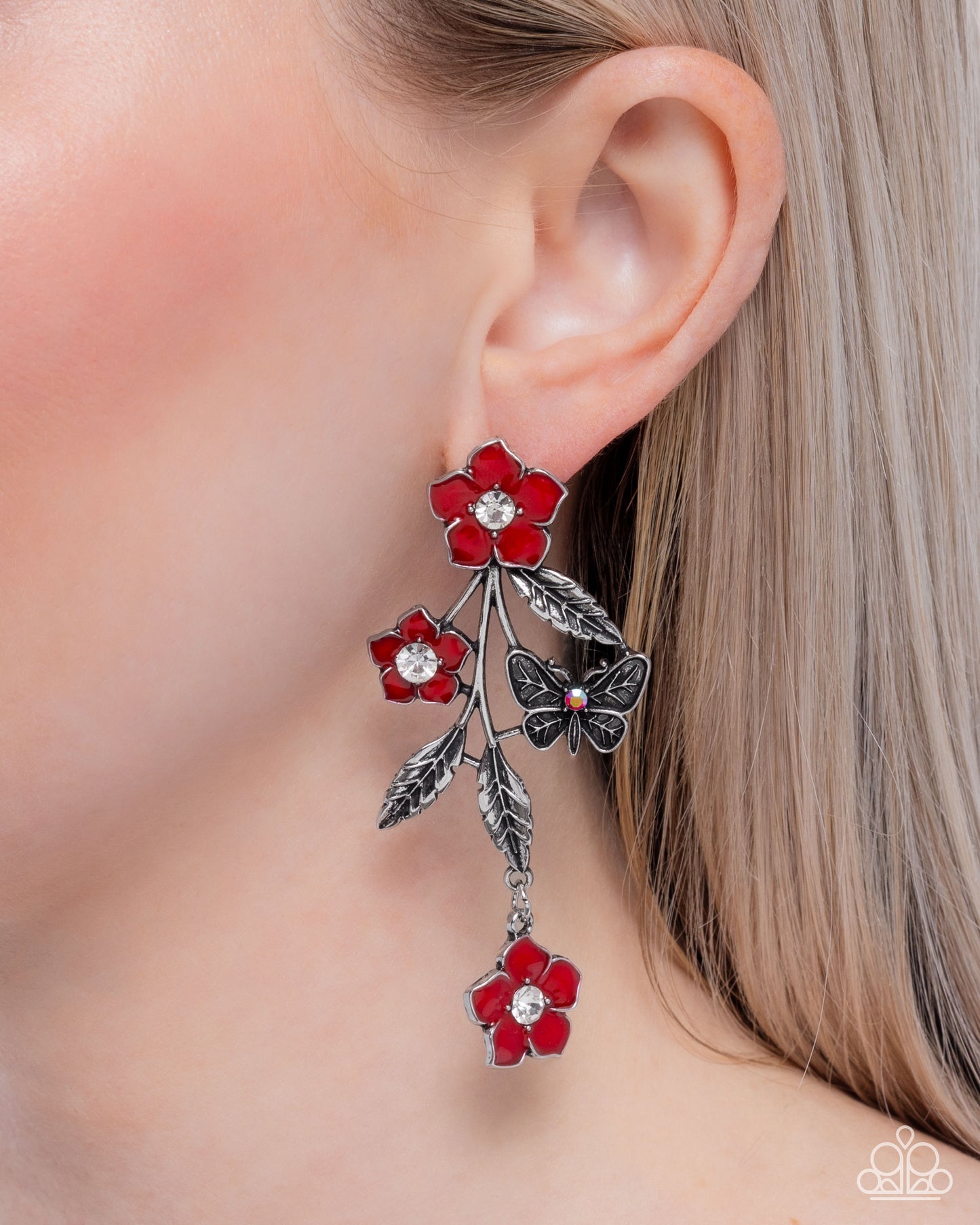 Whimsical Weekend - Red Painted Flower & Silver Butterfly Post Earring Paparazzi E2880