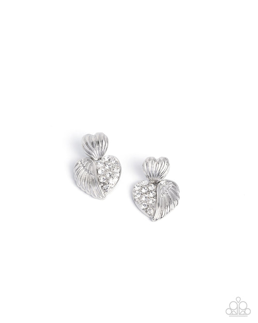 Paparazzi Angelic Adornment - White Rhinestone Silver Heart Half Angle Wing Earring E3398