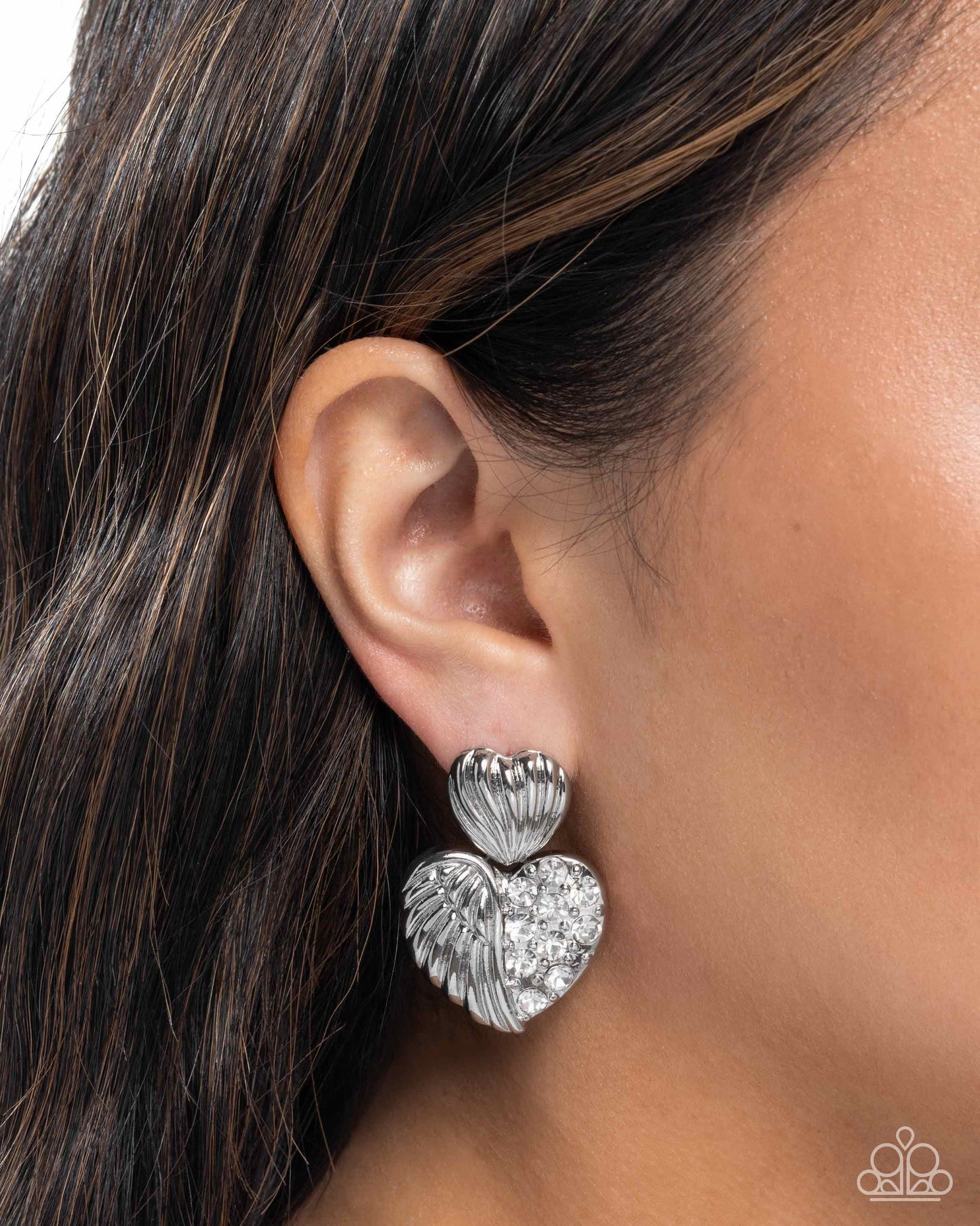 Paparazzi Angelic Adornment - White Rhinestone Silver Heart Half Angle Wing Earring E3398