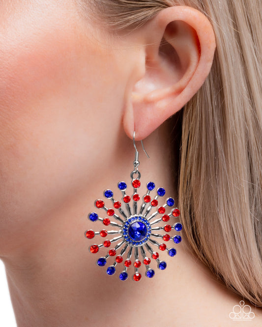 Fierce Firework - Multi Blue & Red Rhinestone Firework Style Patriotic Earring Paparazzi