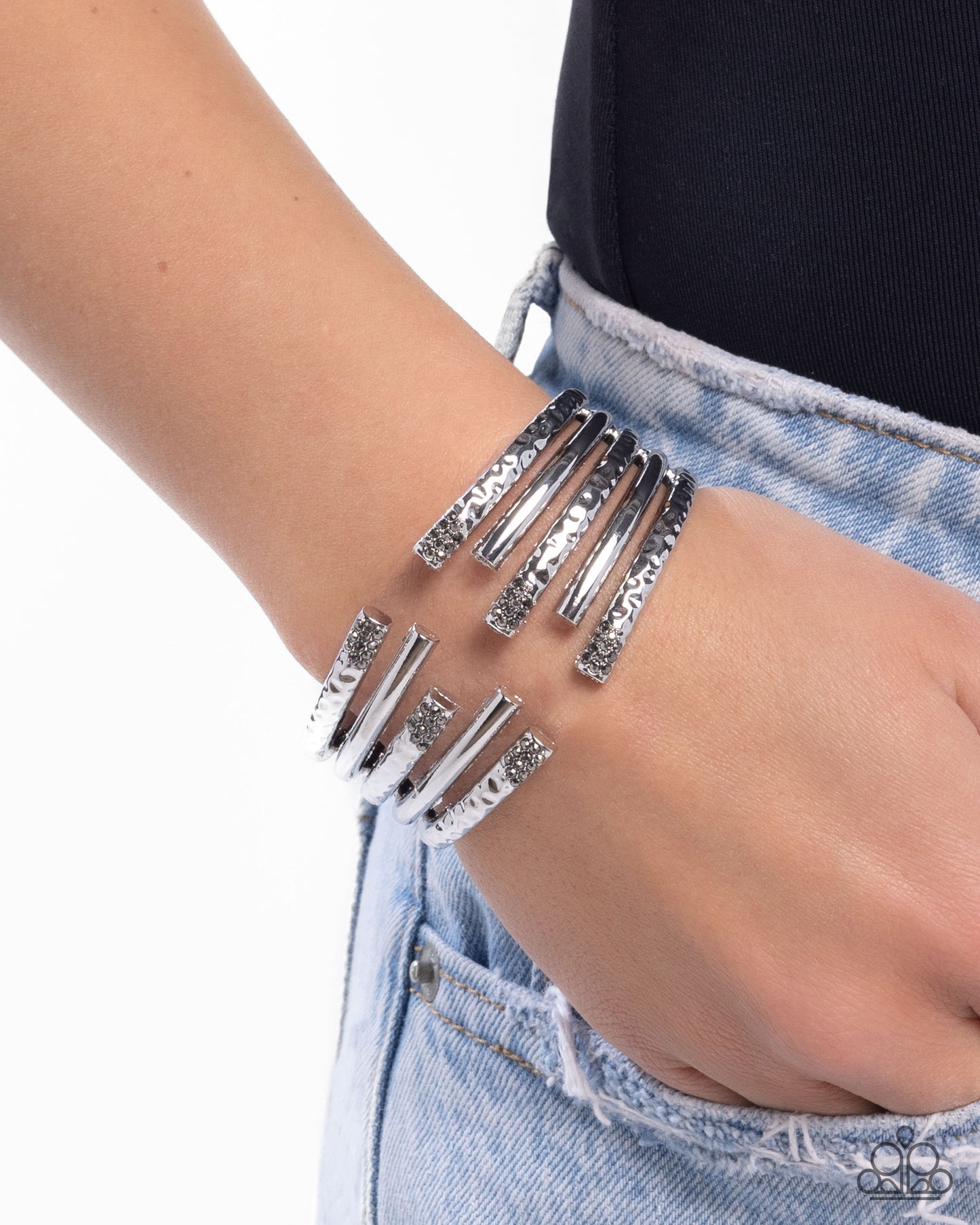 Working Wraparound - Silver Hammered Bars & Hematite Rhinestone Hinge Bracelet Paparazzi B2262