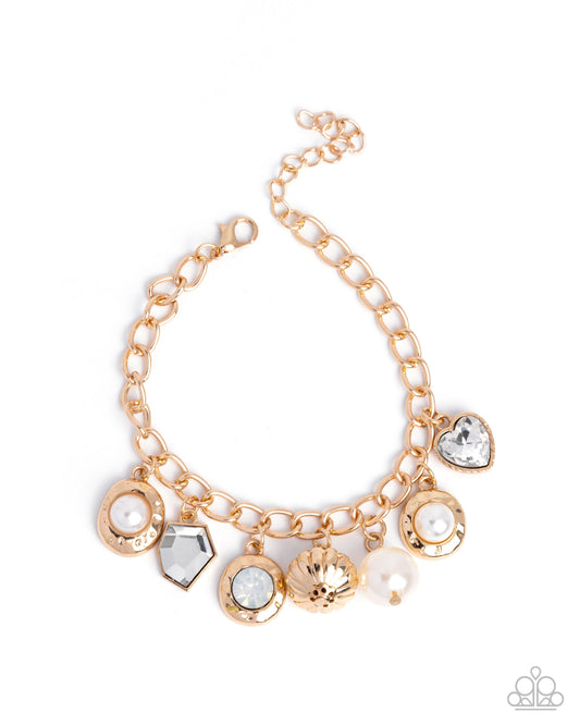 Easy Excellence - Gold & White Pearl Charm Style Bracelet Paparazzi B2091