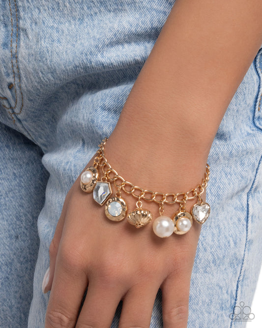 Easy Excellence - Gold & White Pearl Charm Style Bracelet Paparazzi B2091