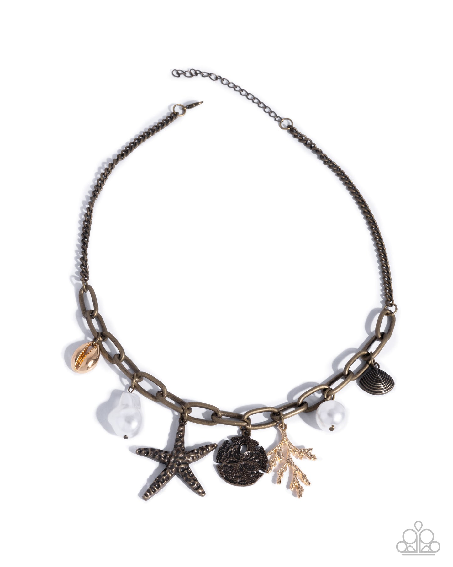 Coral Collection - Brass Coastal Inspired Charms, Starfish, Sand Dollar, Gold Coral Beach Vibe Necklace Paparazzi N2935