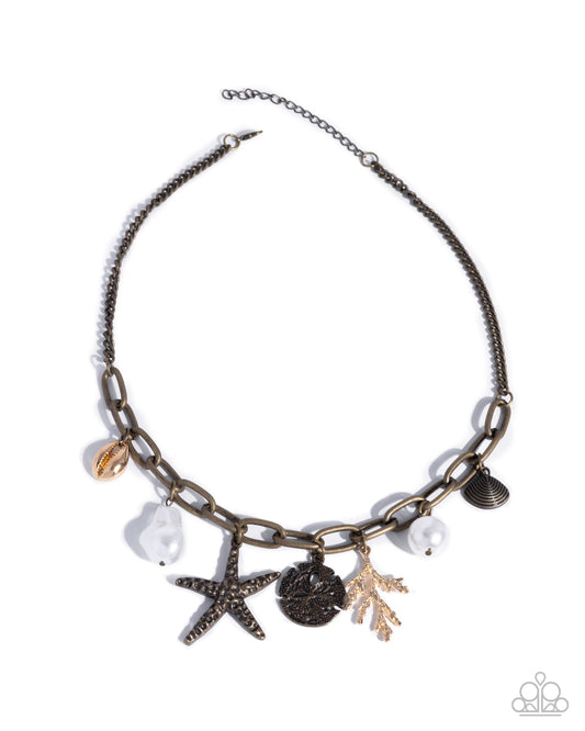Coral Collection - Brass Coastal Inspired Charms, Starfish, Sand Dollar, Gold Coral Beach Vibe Necklace Paparazzi N2935