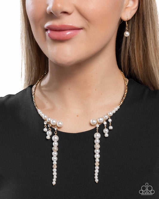 Darling Decade - Gold Bead, White Pearl & Rhinestone Flex Collar Necklace Paparazzi N3266