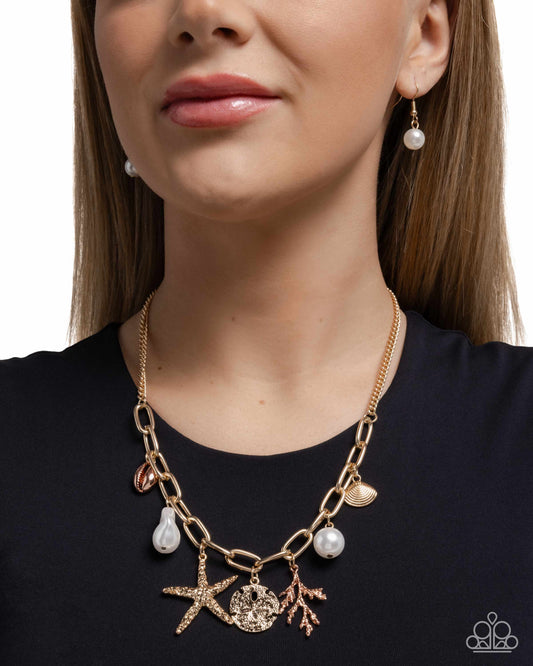 Coral Collection - Gold Sand Dollar, Starfish, Copper Coral Branches, Shells Beach Style Necklace Paparazzi N3484