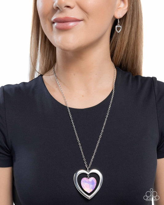 Heartfelt Hemisphere - Pink Multicolored UV Shimmer Heart Gem Silver Heart Necklace Paparazzi N3175