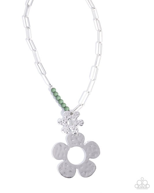 Seeing FLORAL - Green Bead Silver Hammered Flower Necklace Paparazzi N3157