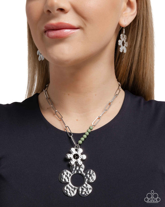 Seeing FLORAL - Green Bead Silver Hammered Flower Necklace Paparazzi N3157