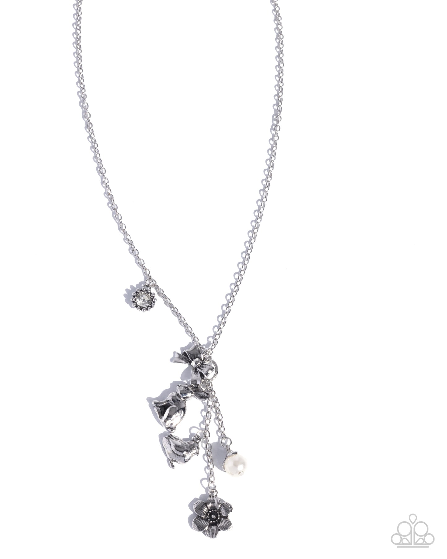 Paparazzi Easter Enthusiast - White Gem, Silver Charms - Flower, Bunny, Chick, Bow & Pearl Easter Necklace N3950