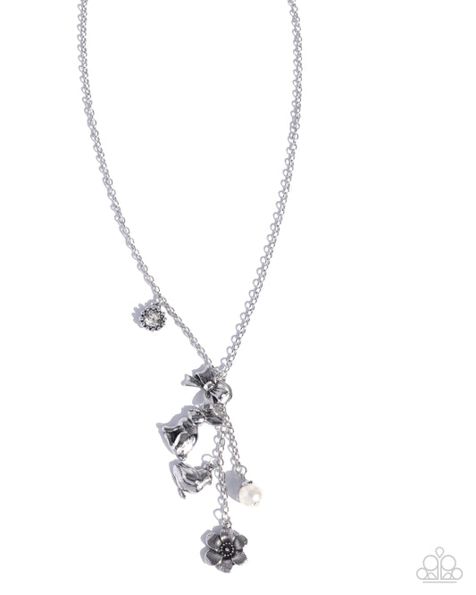 Paparazzi Easter Enthusiast - White Gem, Silver Charms - Flower, Bunny, Chick, Bow & Pearl Easter Necklace N3950