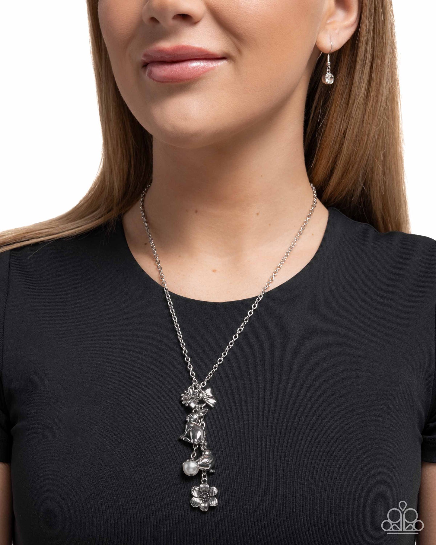 Paparazzi Easter Enthusiast - White Gem, Silver Charms - Flower, Bunny, Chick, Bow & Pearl Easter Necklace N3950