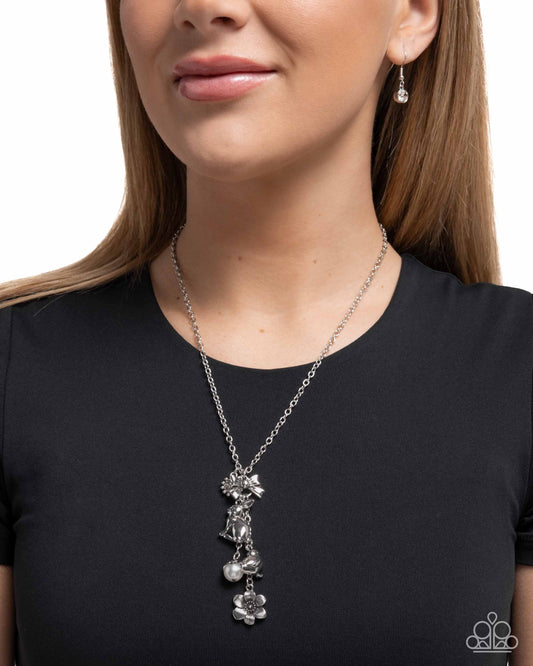 Paparazzi Easter Enthusiast - White Gem, Silver Charms - Flower, Bunny, Chick, Bow & Pearl Easter Necklace N3950