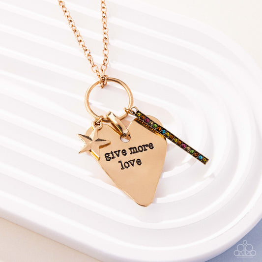 Give More Affection - Yellow Antiqued Gold Inspirational Heart "give more love" Necklace Paparazzi N2956