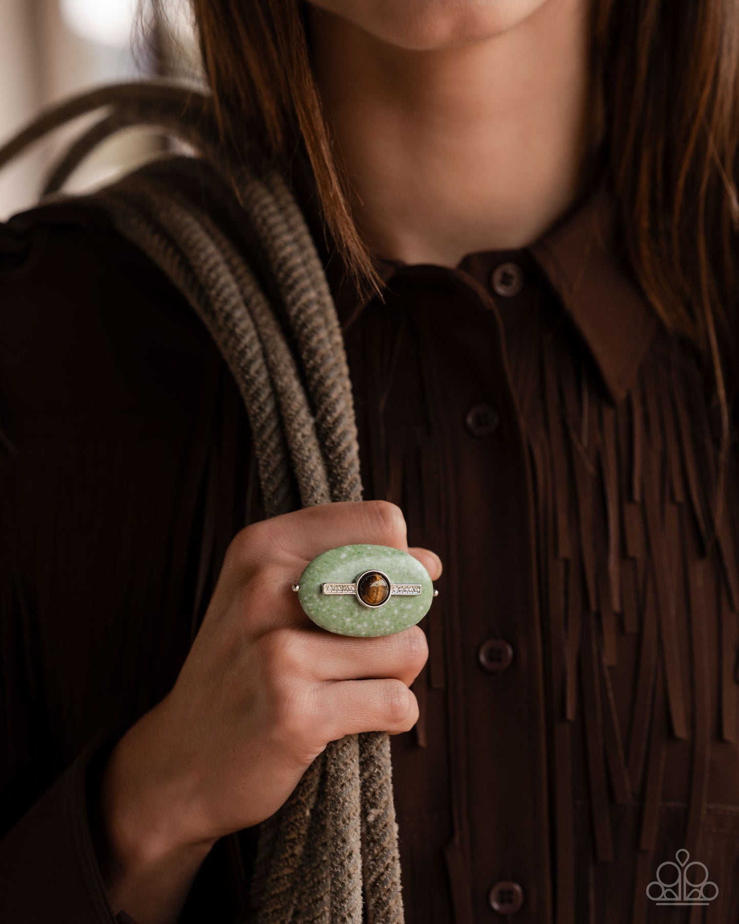 Serene Spirit - Green Marbled Oval Stone & Tigers Eye Stone Ring Paparazzi R1052
