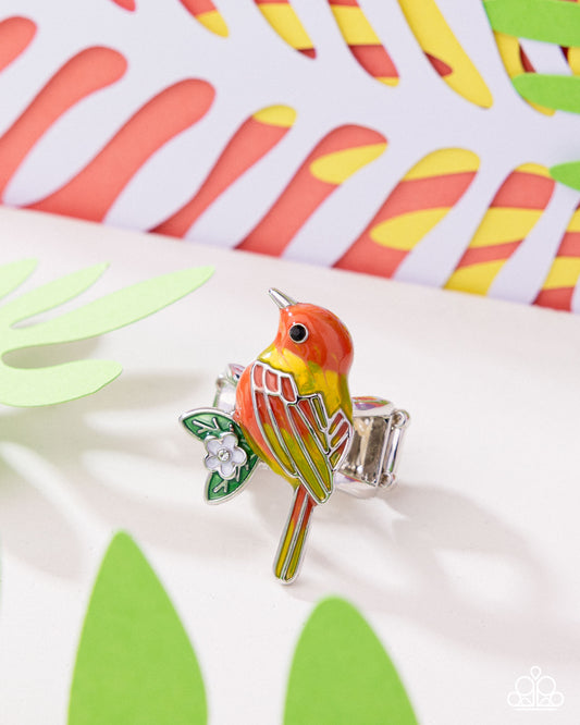 Nestled Nightingale - Yellow, Coral Pearl Painted Bird Ring Scandi Charm Style Paparazzi R1097
