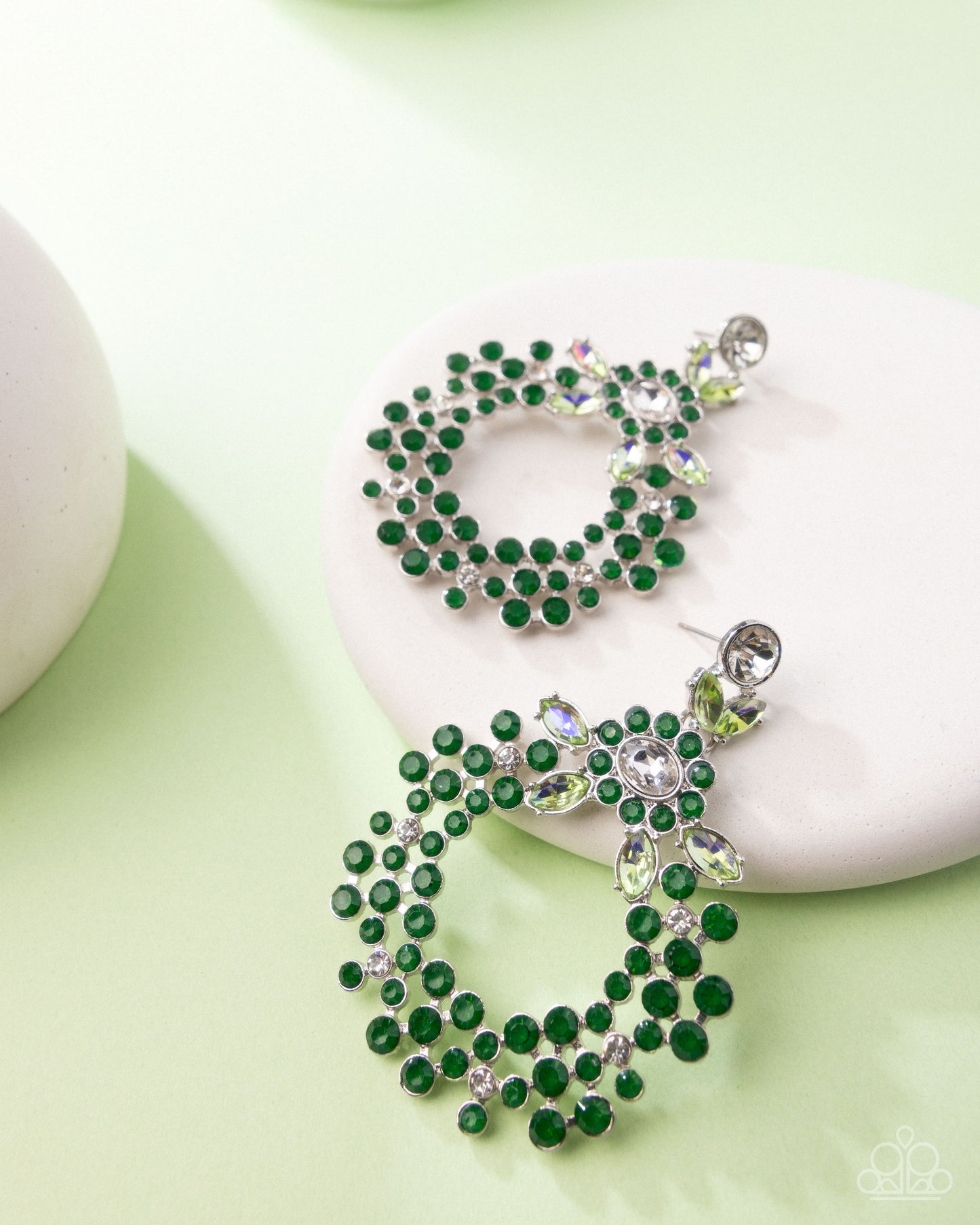 Opalescent Opulence - Green Emerald & UV Green Iridescent Rhinestone Post Earring Paparazzi E2976