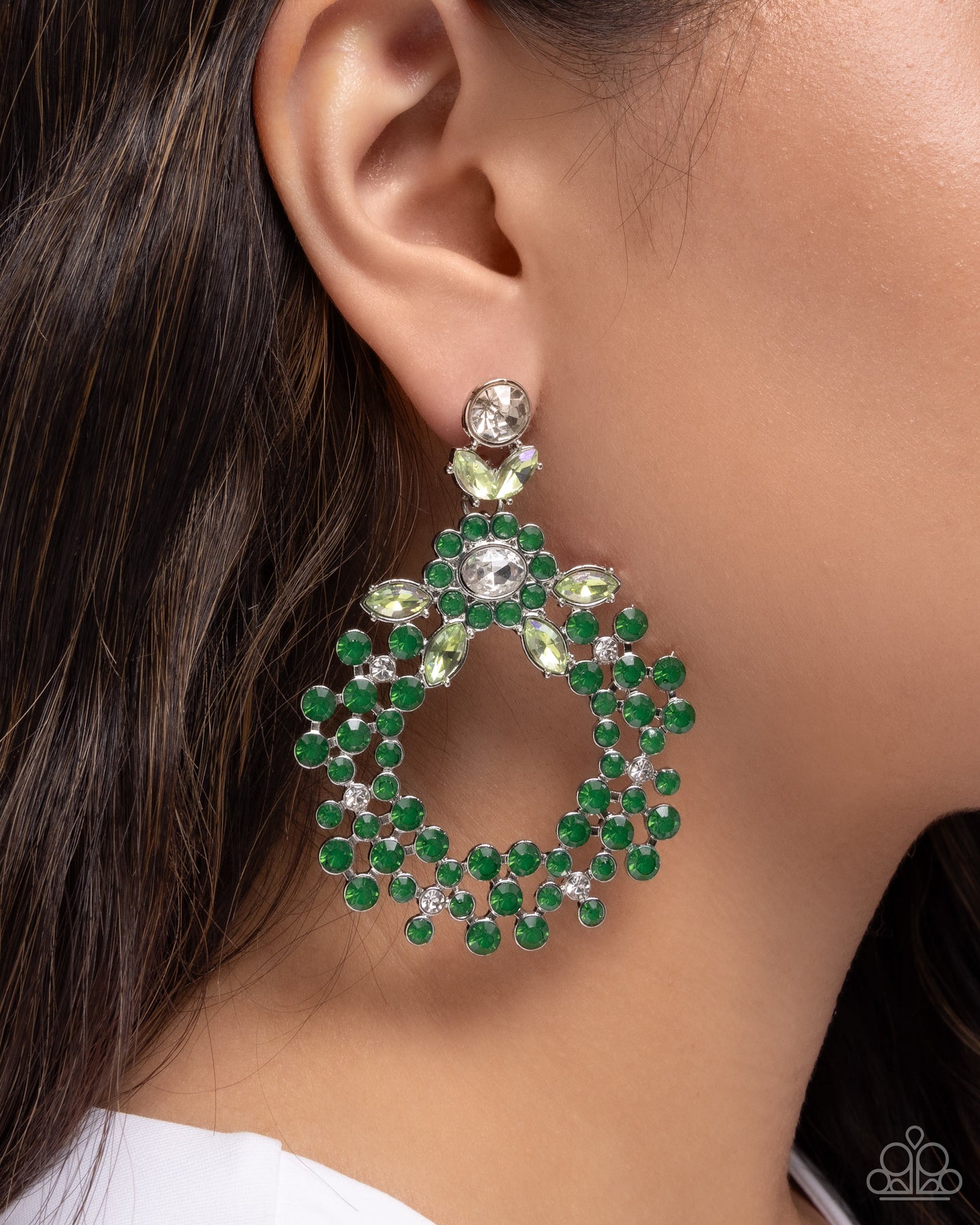 Opalescent Opulence - Green Emerald & UV Green Iridescent Rhinestone Post Earring Paparazzi E2976