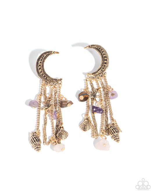 Crescent Call - Purple Stone, Gold Crecent Moon Charm Style Earring Paparazzi