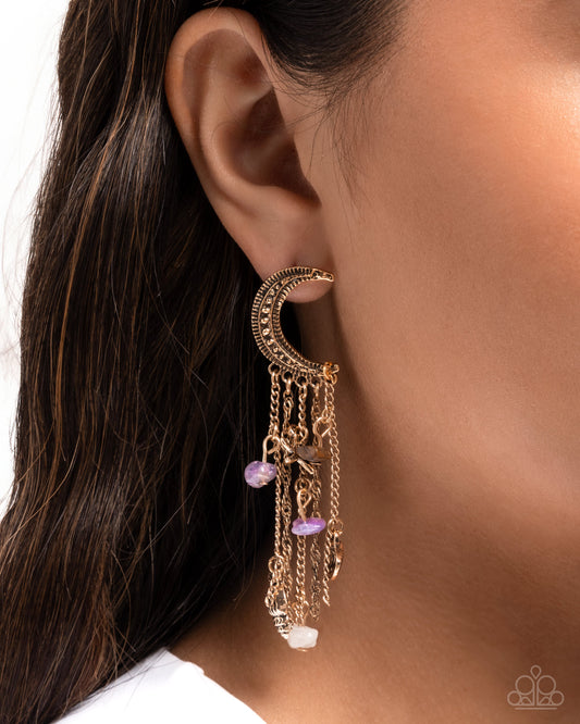 Crescent Call - Purple Stone, Gold Crecent Moon Charm Style Earring Paparazzi