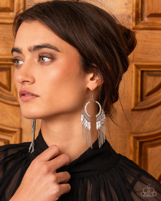Free-Spirited Fringe - Silver Feather Charm Style Fringe Earring Paparazzi E3048