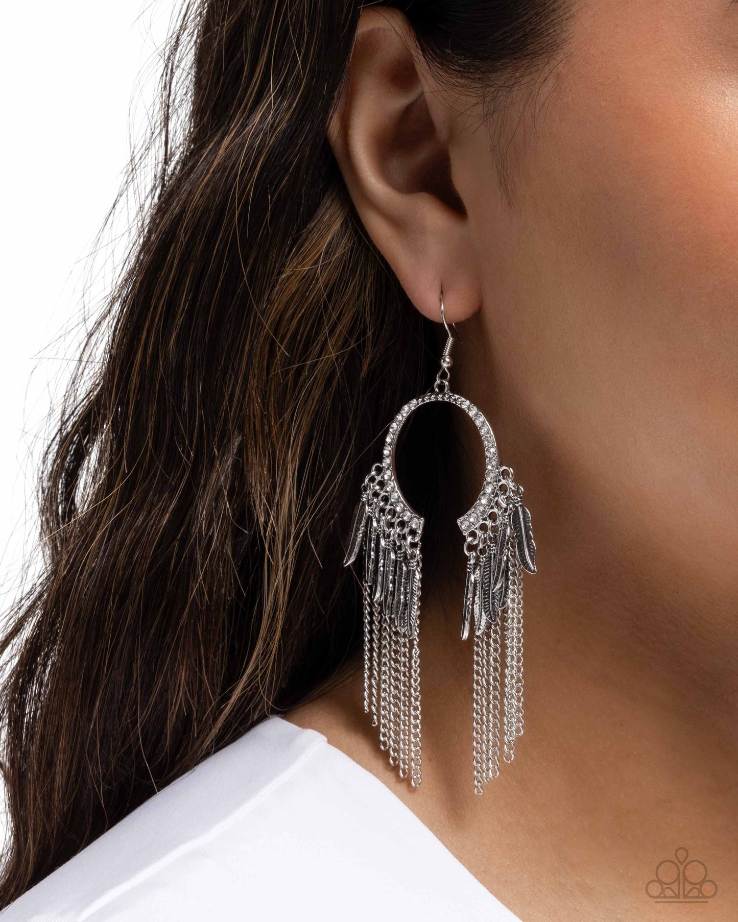 Free-Spirited Fringe - Silver Feather Charm Style Fringe Earring Paparazzi E3048