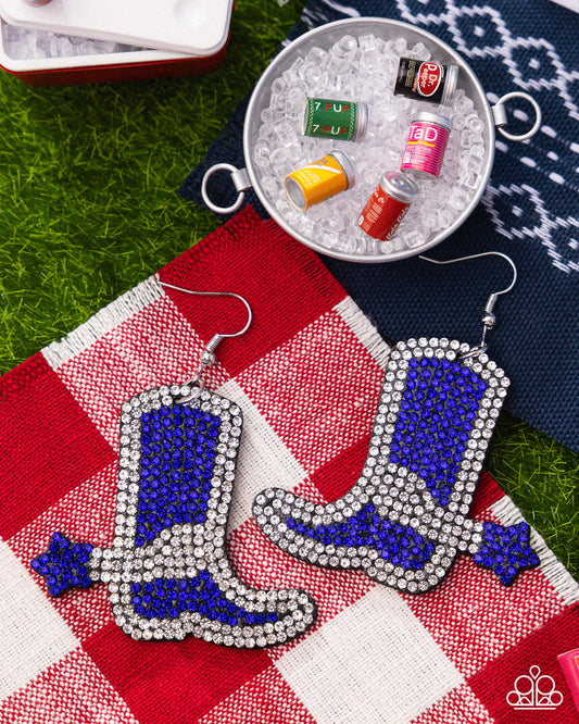 Benevolent Boot - Blue & White Rhinestone Cowboy Boot Earring Paparazzi E2898
