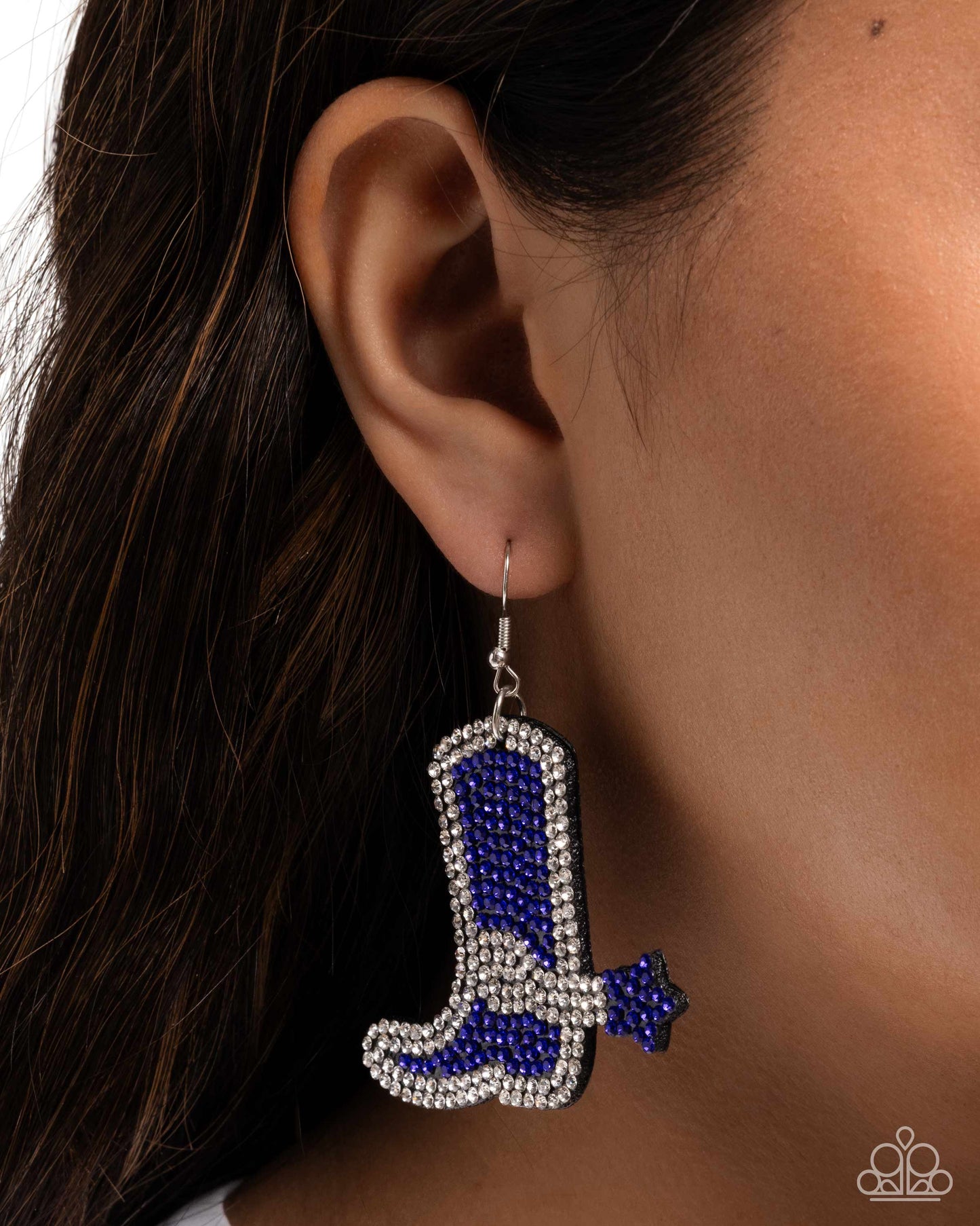 Benevolent Boot - Blue & White Rhinestone Cowboy Boot Earring Paparazzi E2898