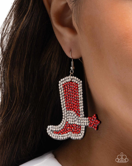 Benevolent Boot - Red & White Rhinestone Cowboy Boot Western Santa Fe Style Earring Paparazzi E2858