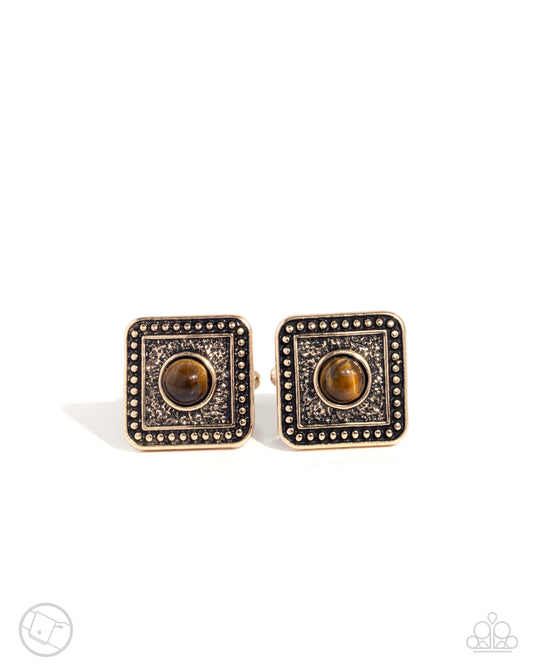 Stony Sophistication - Brown Tiger's Eye Stone Antiqued Gold French Cuff Links Paparazzi