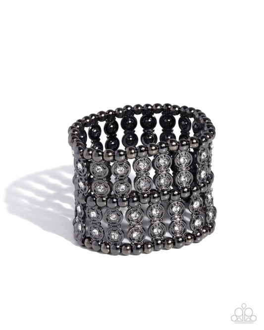 Stacked Significance - Black Gunmetal & White Rhinestone Stretch Bracelet Paparazzi B2299