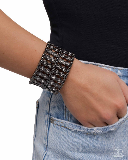 Stacked Significance - Black Gunmetal & White Rhinestone Stretch Bracelet Paparazzi B2299