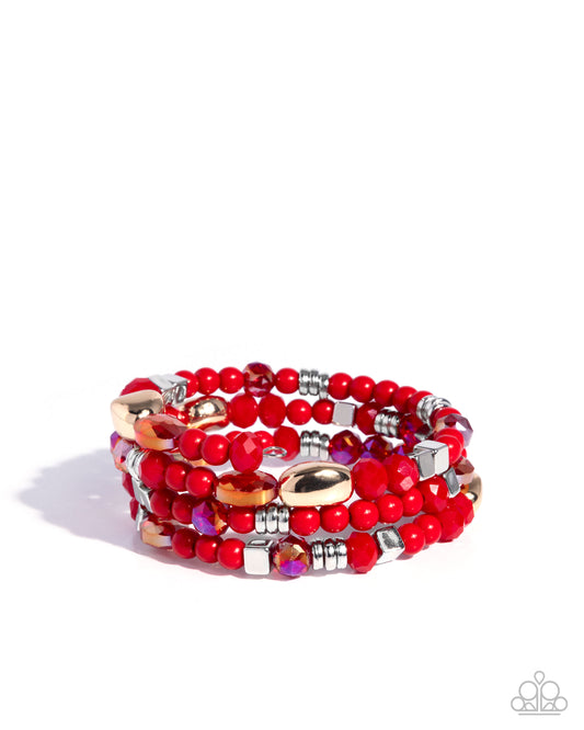 Material WHIRL - Red & Silver Bead Coil Bracelet Paparazzi B2025