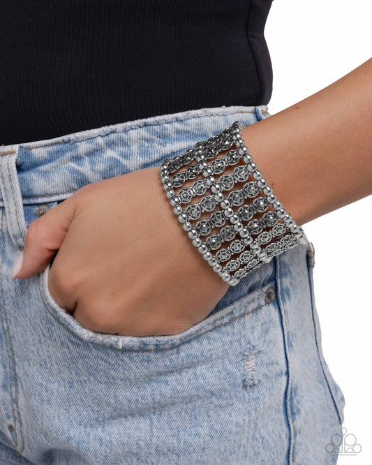 Stacked Significance - Silver Bead & Hematite Rhinestone Silver Disc Stretch Bracelet Paparazzi B2379