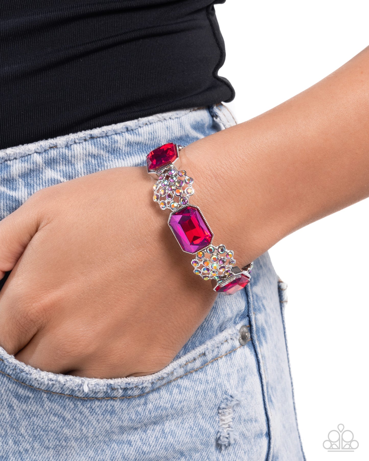 Prismatic Profession - Pink Fuchsia Gem & Iridescent Rhinestone Stretch Bracelet Paparazzi B2287