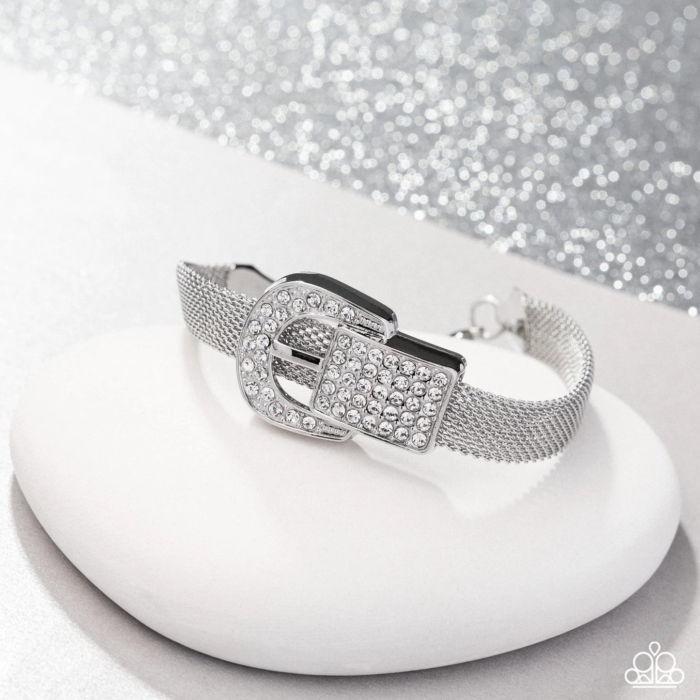 Boldy Buckled White Rhinestone Silver Buckle Bracelet Life Of The Party June 2025 Paparazzi