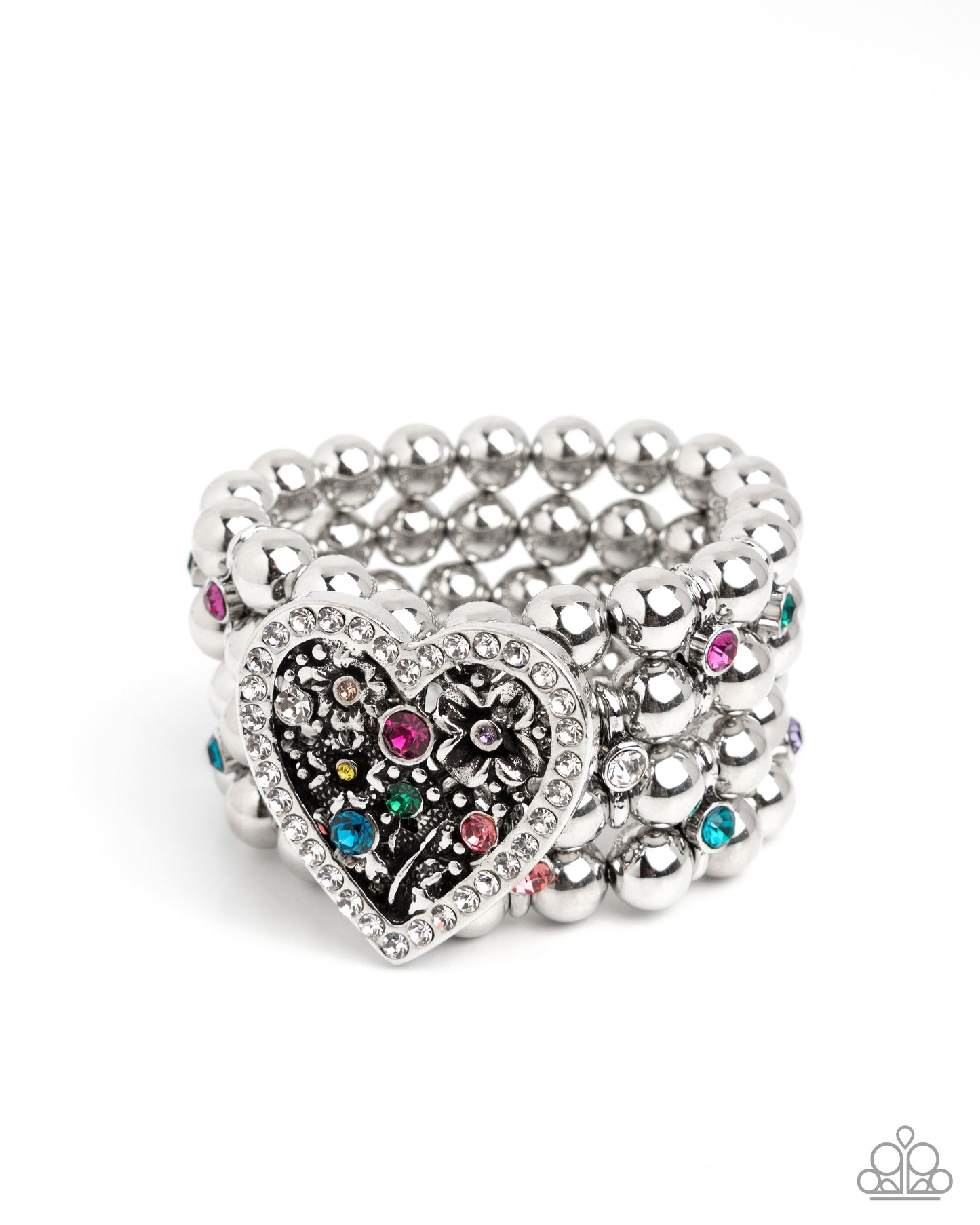 Personal History - Multicolored Rhinestone Filigree Heart Bracelet April 2025 Life Of The Party Paparazzi B2051