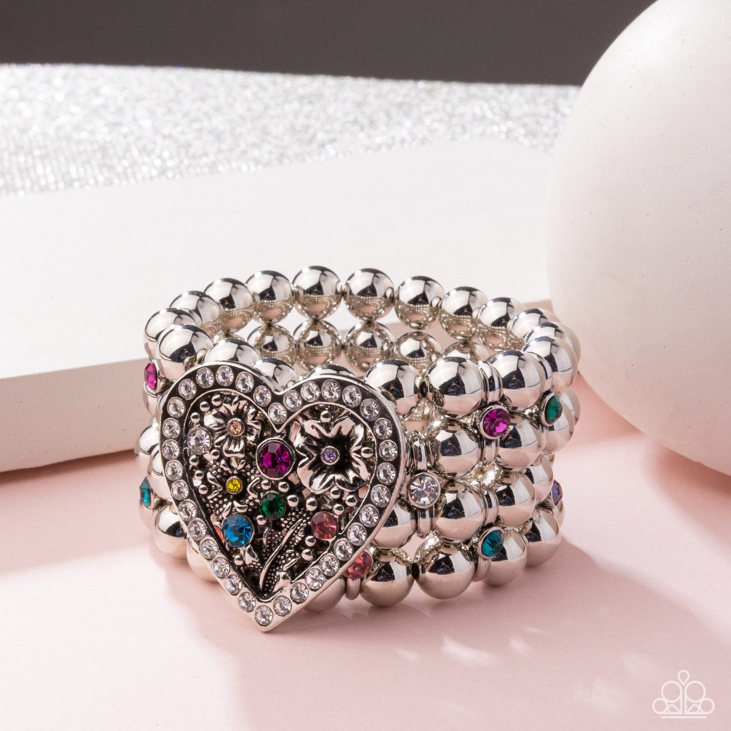 Personal History - Multicolored Rhinestone Filigree Heart Bracelet April 2025 Life Of The Party Paparazzi B2051