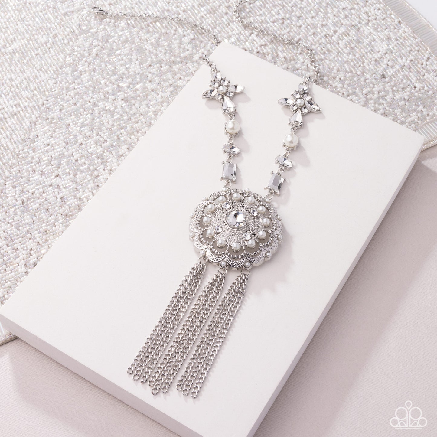 Virtuous Venture - White Rhinestone, Gem & Pearl Floral Style Necklace Life Of The Party May 2025 Paparazzi N3122