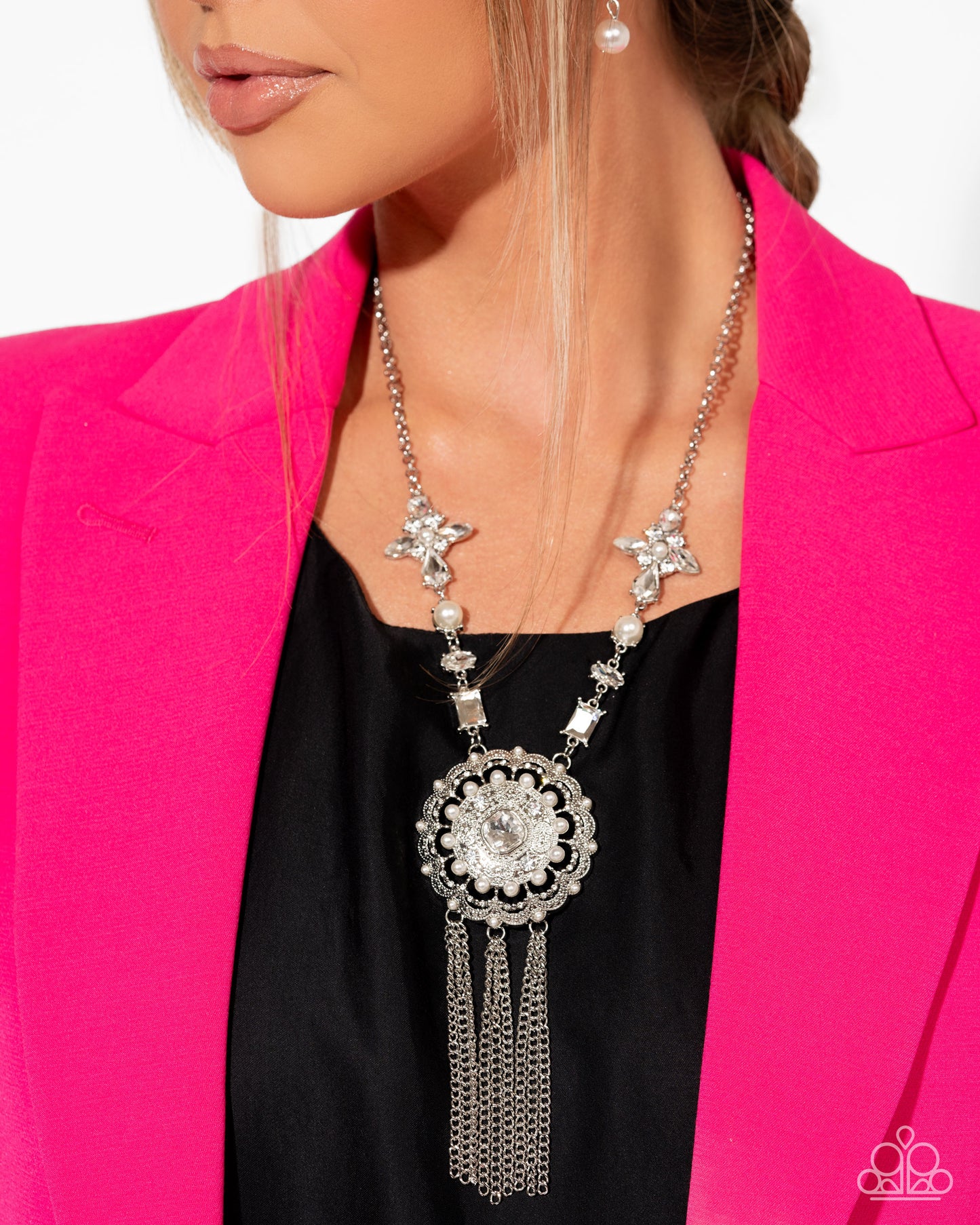 Virtuous Venture - White Rhinestone, Gem & Pearl Floral Style Necklace Life Of The Party May 2025 Paparazzi N3122