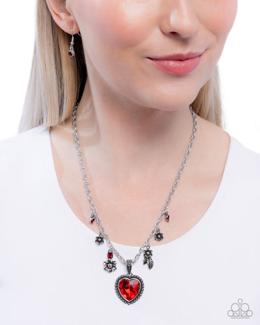 Paparazzi Heirloom Hearth - Red Rhinestone Heart Gem Silver Necklace N4060