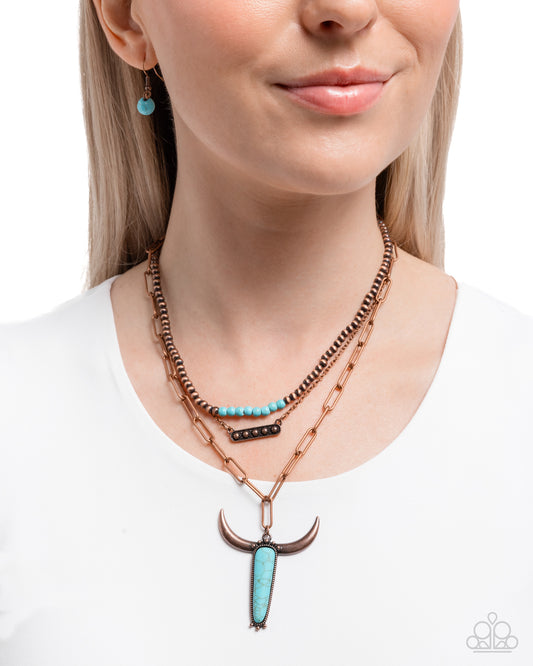 Longhorn Layers - Copper Navajo Pearl, Turquoise Stone Longhorn Pendant Necklace Paparazzi N3320