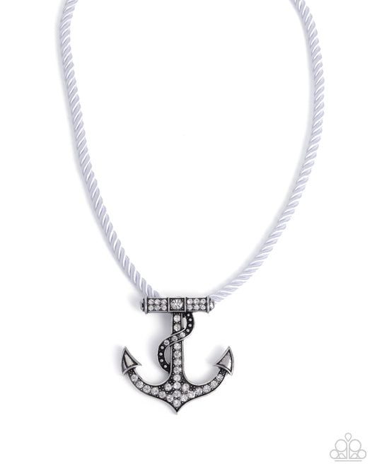 Anchored Allure - White Nautical Cord & Silver Anchor Encrusted White Rhinestones Beach Style  Necklace Paparazzi N3297
