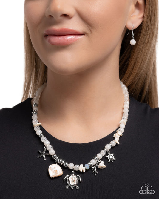 Operation Ocean - White Ivory & Silver Bead Turtle Charm Necklace Beach Style Necklace Paparazzi N3529
