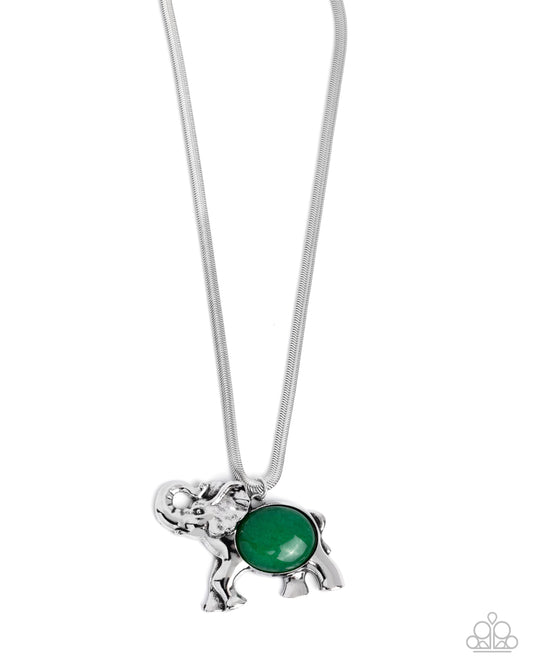 Empathetic Elephant - Green Jade Stone Silver Elephant Statement Necklace Paparazzi N3080