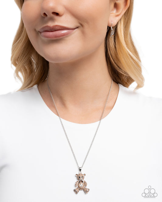 Twinkling Teddy - Brown Tea & White Rhinestone Teddy Bear Pendant Necklace Paparazzi N3445