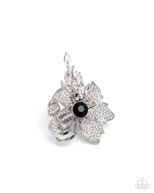 Blooming Broadcast - Black Gem, White Rhinestone Oversized Flower Cocktail Style Ring Paparazzi R1186