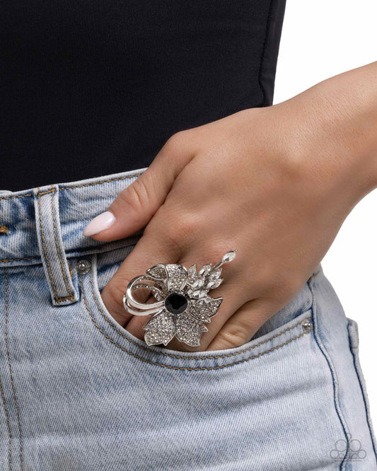 Blooming Broadcast - Black Gem, White Rhinestone Oversized Flower Cocktail Style Ring Paparazzi R1186